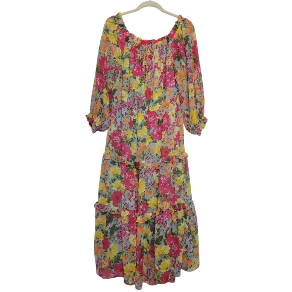 LC Lauren Conrad Off The Shoulder Midi Dress Floral Print Puff Sleeves Boho XL - Picture 3 of 11